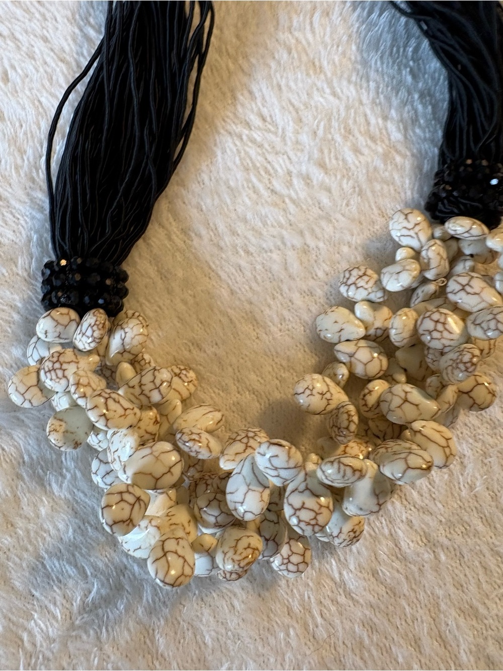 Handcrafted White turquoise and Black silk Beaded Statement Necklace